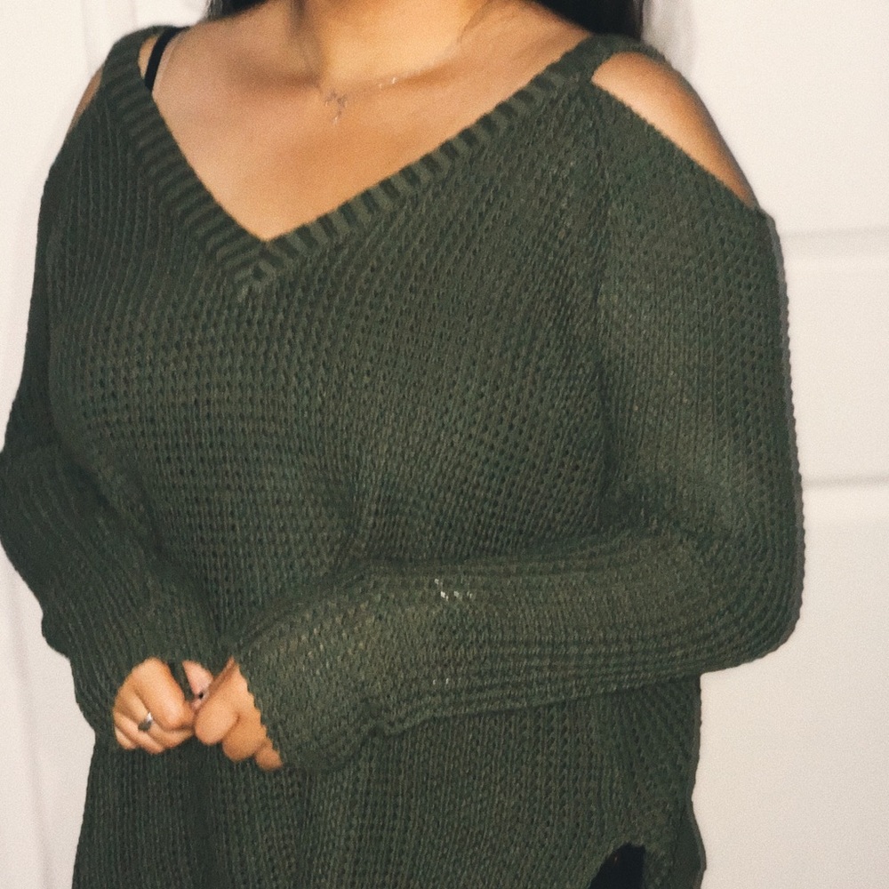 green cold shoulder sweater